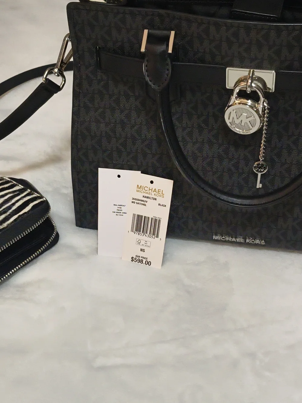 Michael Kors Black Zebra-Accent Tote Bag Includes Wallet Keychain - Picture 9 of 14